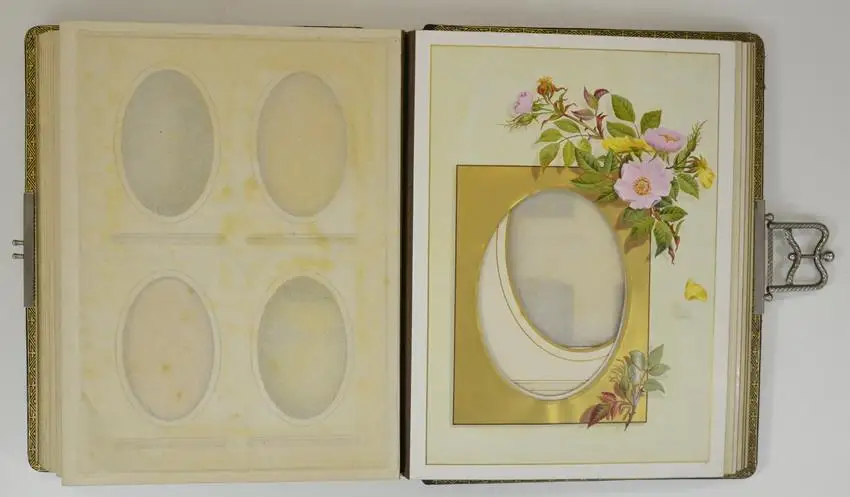 Fotoalbum im Ledereinband, Metallschliesse, Lithographische Innenseiten, 17 Goldschnittseiten für Kabinett und CDV-Fotos 6