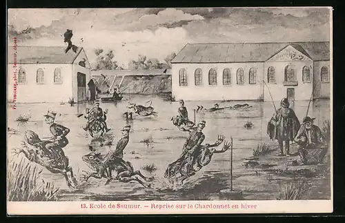 AK Ecole de Saumur, Reprise sur le Chardonnnet en hiver, Auf Fröschen reitende Soldaten