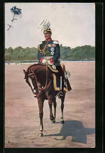 Künstler-AK König Friedrich August III. von Sachsen zu Pferde
