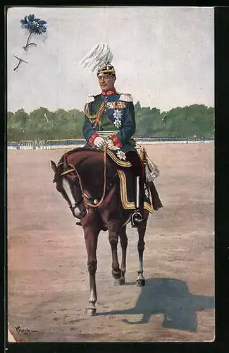 Künstler-AK König Friedrich August III. von Sachsen zu Pferde