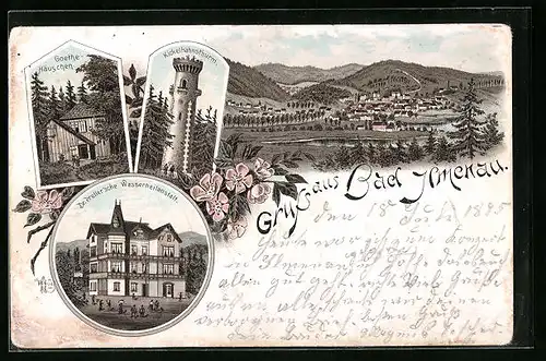 Vorläufer-Lithographie Bad Ilmenau, 1895, Dr. Preller`sche Wasserheilanstalt, Goethe-Häuschen, Kickelhahnsturm