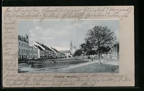 AK Plattling, Stadtplatz mit Kirche und Bäumen