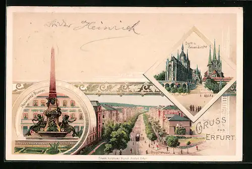 Lithographie Erfurt, Dom u. Severikirche, Monumental-Brunnen, Steigerstrasse mit Strassenbahn