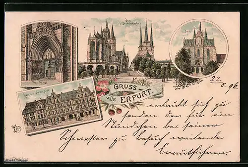 Lithographie Erfurt, Haus zum breiten Herd, Dom u. Severinkirche, Dom Portal