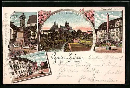 Lithographie Erfurt, Regierungsgebäude, Dom und Severinkirche, Monumentalbrunnen