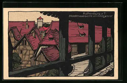 Steindruck-AK Rothenburg o. T., Stadtmauerpartie am Klingentor