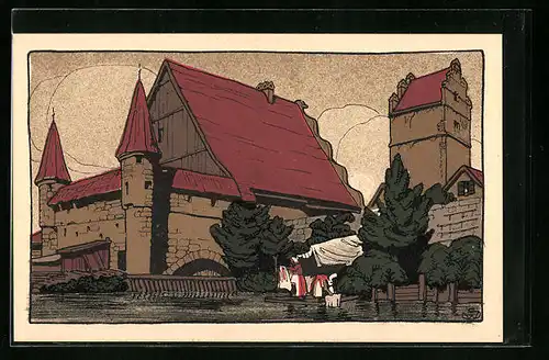 Steindruck-AK Dinkelsbühl, Stadtmühle und Nördlinger-Tor