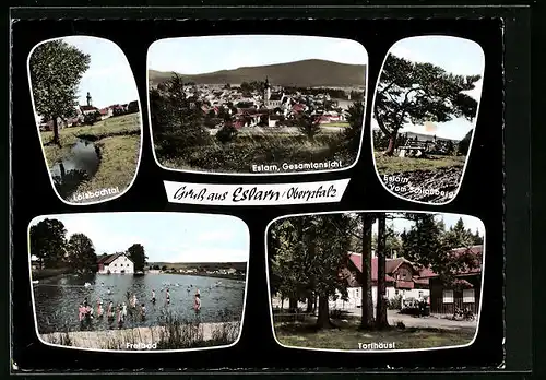 AK Eslarn /Opf., Gesamtansicht, Loisbachtal, Freibad, Torfhäusl