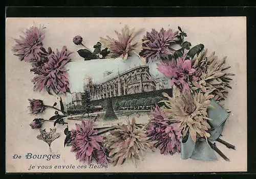 AK Bourges, Souvenir (De Bourges je vous envoie ces fleurs), Kirche