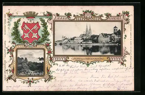 Passepartout-AK Regensburg, Walhalla, Flusspartie mit Kirche, Wappen