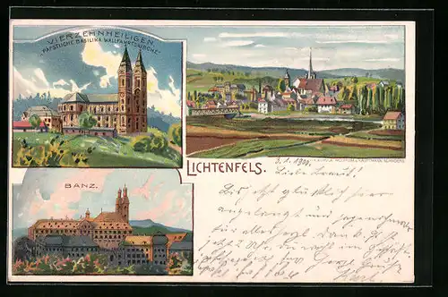 Lithographie Lichtenfels, Vierzehnheiligen, Banz, Panorama