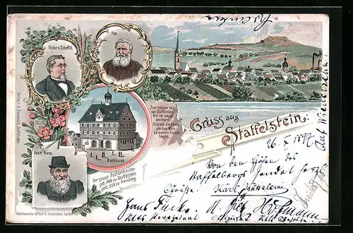 Lithographie Staffelstein, Rathaus, Adam Riese, Victor v. Scheffel, Panorama
