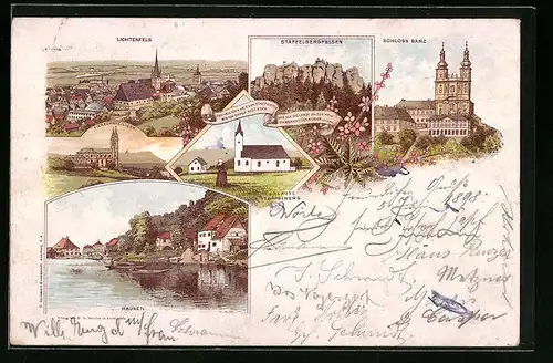 Lithographie Staffelstein, Schloss Banz, Lichtenfels mit Kirche, Flusspartie in Hausen