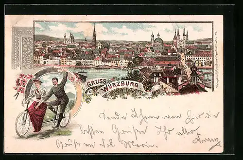 Lithographie Würzburg, Panorama mit Kirchen, Paar auf Tandem