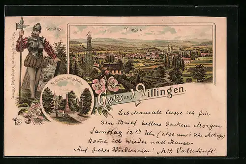 Lithographie Villingen, Reichspost u. Amtsgebäude, Panorama, Romäus