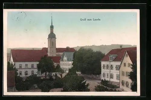 AK Lauda, Ortspartie mit Kirchturm