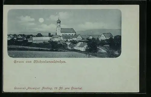 Mondschein-AK Michaelsneukirchen, Panorama mit Kirche