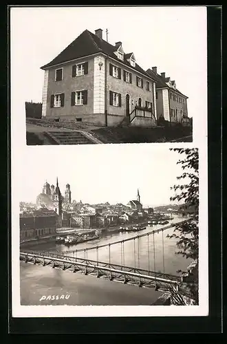 Foto-AK Passau, Gebäudeansicht, Flusspartie mit Kirche