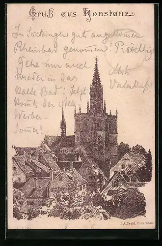 Künstler-AK Konstanz, Ortspartie mit Kirche