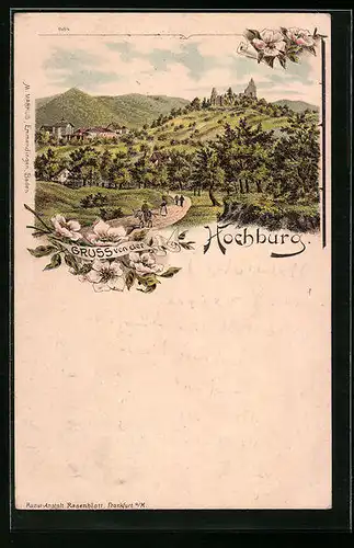 Lithographie Emmendingen, Panorama mit Hochburg