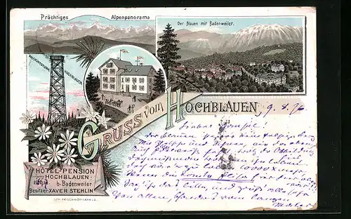 Lithographie Badenweiler, Hotel-Pension Hochblauen, Totalansicht