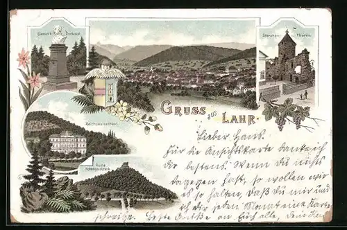 Lithographie Lahr, Reichswaisenhaus, Storchen-Thurm, Totalansicht