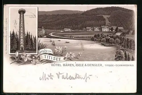 Lithographie Titisee, Hotel Bären, Panorama mit See