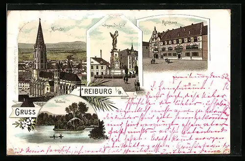 Lithographie Freiburg i. B., Münster, Waldsee, Rathaus