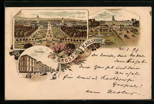 Lithographie Karlsruhe, Kadettenhaus, Schloss, Ortspartie aus der Vogelschau