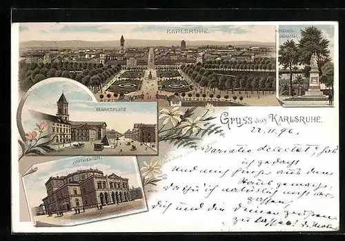 Lithographie Karlsruhe, Kriegerdenkmal, Marktplatz, Hoftheater