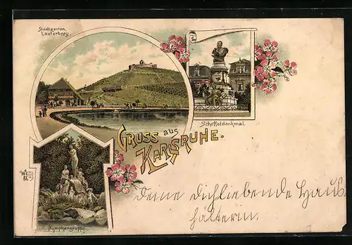 Lithographie Karlsruhe, Stadtgarten, Lauterberg, Nymphengruppe, Scheffeldenkmal