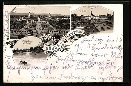 Lithographie Karlsruhe, Stadtgartensee mit Festhalle, Schloss, Panorama