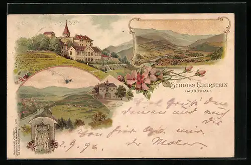 Lithographie Murgtal, Schloss Eberstein mit Landschaftspanorama