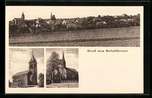 AK Schollbrunn, Kathol. und Evang. Kirche, Totalansicht