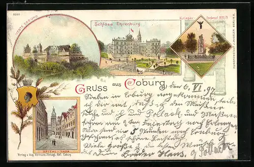 Lithographie Coburg, Schloss Ehrenburg, Krieger-Denkmal, Spital-Thor