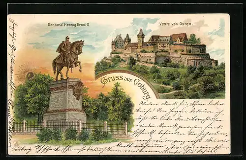 Lithographie Coburg, Denkmal Herzog Ernst II., Veste von Osten