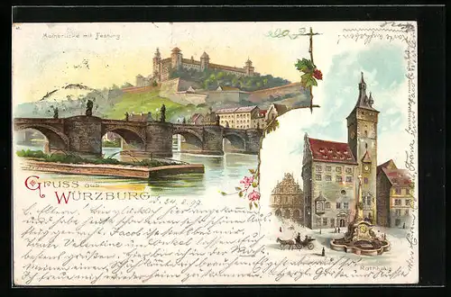 Lithographie Würzburg, Mainbrücke mit Festung