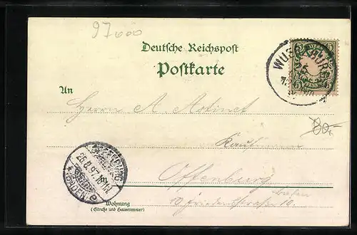 Lithographie Würzburg, Mainbrücke mit Festung