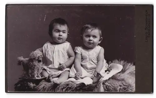 Fotografie Louis Schindhelm, Ebersbach i. S., Zwei vergnügte Kleinkinder mit Spielzeugtier auf einem Fell