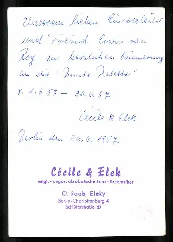 Fotografie Cecile & Elek, Englisch-Ungarische akrobatische Tanz-Exzentriker beim Auftritt in Berlin 1957