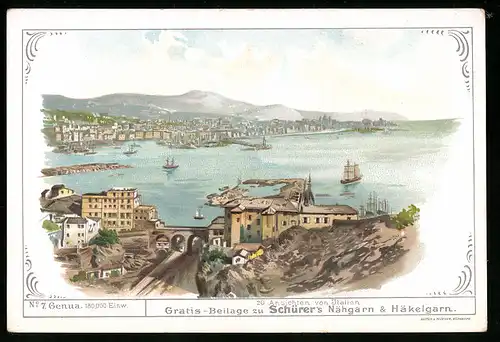 Kaufmannsbild Schürer`s Nähgarn und Häkelgarn, Blick auf Genua