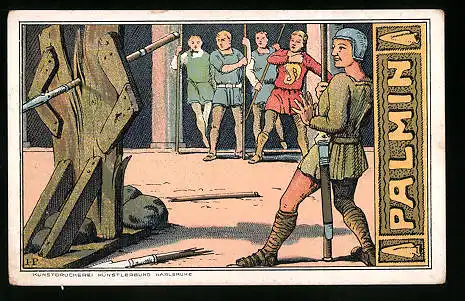 Sammelbild Palmin feinstes Cocosfett, H. Schlink & Cie., Hamburg, Nibelunge Lied, Siegfried beim Kampfspiel