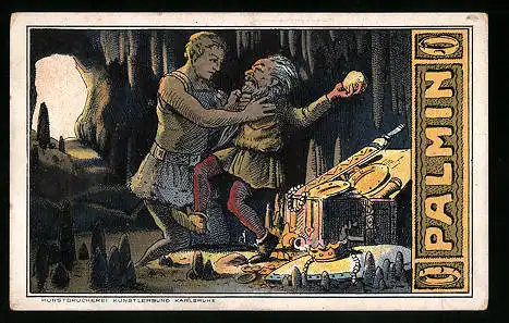 Sammelbild Palmin feinstes Cocosfett, H. Schlink & Cie., Hamburg, Nibelunge Lied, Siegfried gewinnt den Nibelungenhort