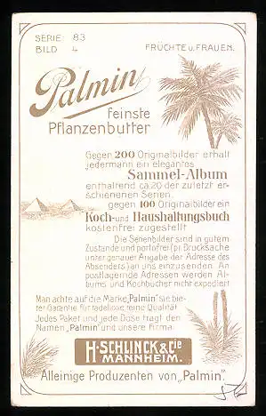 Sammelbild Palmin feinste Pflanzenbutter, H. Schlinck & Cie., Mannheim, Italienerin - Mandeln