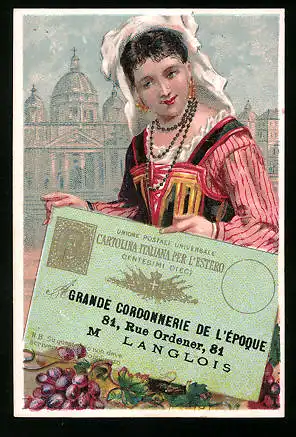 Kaufmannsbild L. Fousses - M. Langlois Succ., Grande Cordonnerie de l`Epoque, Frau in Tracht