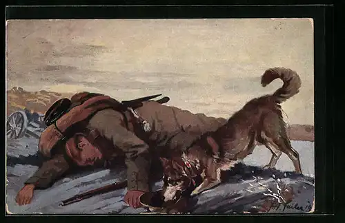 Künstler-AK Sanitätshund findet Verwundeten im Felde