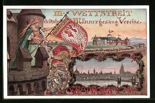 Künstler-AK Frankfurt a. M., 3. Gesang-Wettstreit Deutscher Männer-Gesangsvereine 1908, Panorama