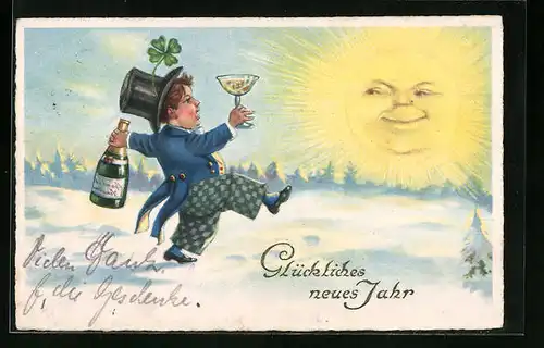 AK Neujahresgruss mit Champagner trinkendem Kobold, der der Sonne entgegentorkelt