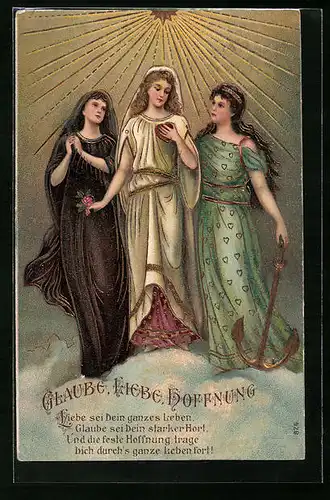 Präge-AK Allegorie von Glaube, Liebe und Hoffnung als Frauen über den Wolken