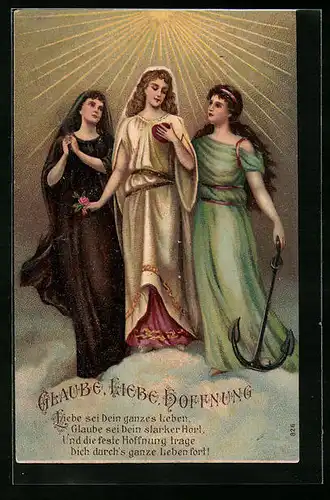 Präge-AK Allegorie von Glaube, Liebe und Hoffnung als Frauen über den Wolken